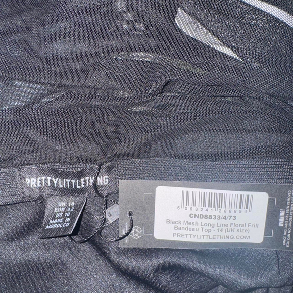 PrettyLittleThing Black Mesh Long Line Floral Frill Bandeau Top Size 10 - Picture 4 of 7